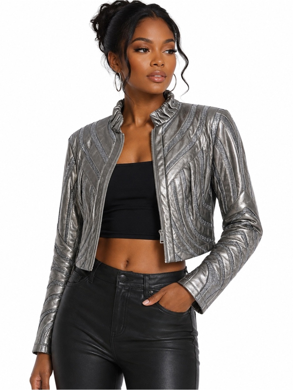 Bebe Metallic Silver Faux Leather Moto Jacket Cropped Size S
